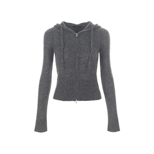 wana try羊驼毛绵羊毛连帽超保暖针织开衫2025冬季新款灰色上衣女