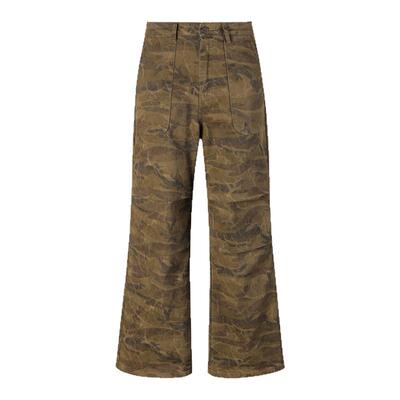 98SQUID 美式复古褶皱废土风水洗迷彩牛仔裤男女宽松微喇休闲长裤