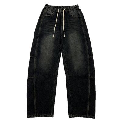 美式做旧拼接加绒牛仔裤男士秋冬款宽松阔腿裤复古痞帅加长弯刀裤