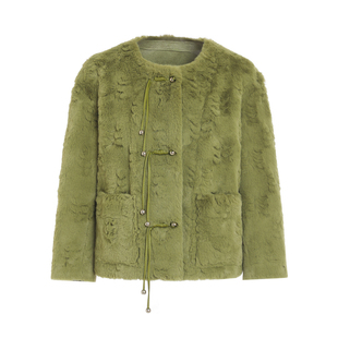 新中式环保皮草外套女2025冬季新款国风盘扣绿色时髦加厚毛毛大衣