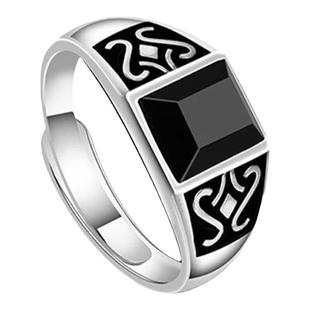 招财祥云黑曜石S925纯银戒指复古指环男霸气小众百搭食指潮可调节