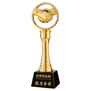 合作携手共进金色水晶奖杯定做镀金树脂握手人气奖品定制员工颁奖