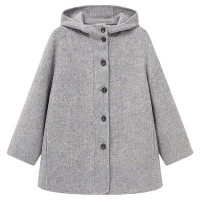 Basic House/百家好连帽羊毛呢外套女冬季新款通勤灰色双面呢大衣