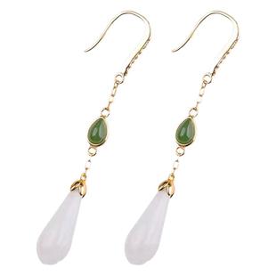 仿真碧玉白玉宝石耳环点缀镶嵌水滴玉兰花耳坠复古宫廷防过敏耳饰