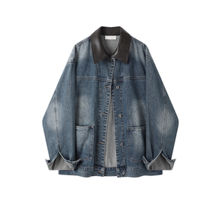 复古蓝色牛仔外套女2025秋新款时髦拼接皮领宽松休闲百搭夹克上衣