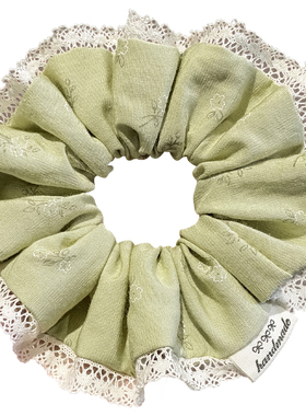 新中式竹绿色印花蕾丝边大肠发圈女小清新大号发量多扎发头绳发饰
