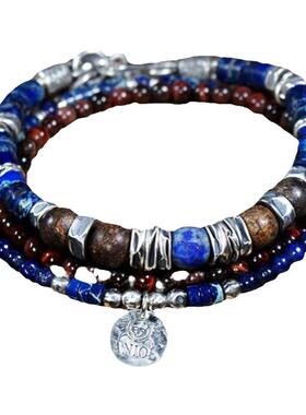 青金石天然宝石串珠手链氧化纯银