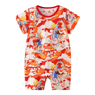 婴儿红色连体衣服夏季满月百天抓周服薄款周岁礼服男宝女宝宝百日