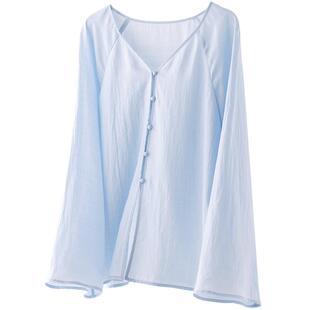 上衣衬衫开衫宽松开叉慵懒松弛风舒适自由气质薄款小衫女装海蓝色