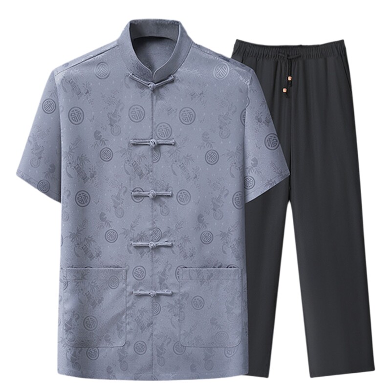 唐装男中老年夏季短袖套装爸爸装中国风半袖汉服老人衣服爷爷套装