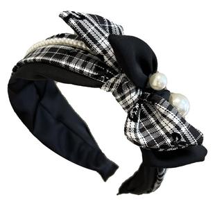 格子蝴蝶结发箍女头箍压发卡发捆头饰发旅高级感高颅顶气质仿珍珠