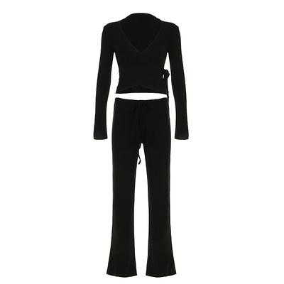 WEEKEEP 欧美简约基础V领修身系带内搭长袖T恤女百搭纯色直筒长裤