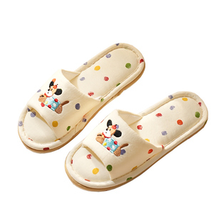 新款居家纯棉布艺情侣卡通小狗三层布底静音无声地板专用室内拖鞋