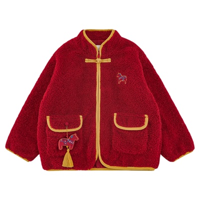 幼悠男童中式立领年服毛绒外套冬季加绒加厚吉祥小马绣标保暖上衣