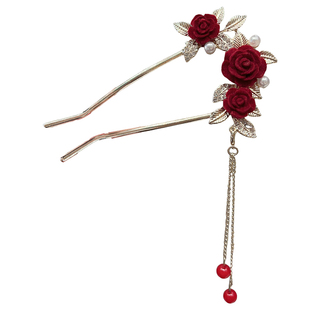 新款红色玫瑰花U型发簪女植绒盘发簪子现代简约新娘发钗头饰发饰