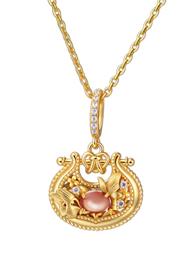 如愿原创新中式拉丝蝴蝶同心锁项链粉贝小众轻奢锁骨链生日礼物女