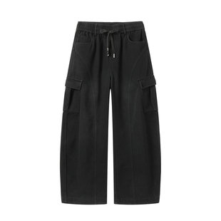 黑色美式复古弯刀加绒工装裤男生2025新款冬季宽松加厚休闲裤子男