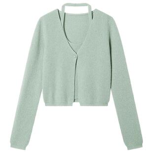 Goodland美地 法式挂脖假两件长袖针织开衫女春秋款设计感上衣