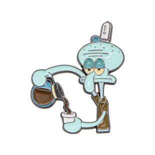 卡通喝咖啡的章鱼哥胸针讨厌上班摸鱼躺平个性金属书包装饰徽章