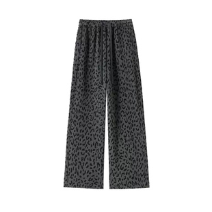 大码加绒豹纹阔腿裤女胖mm休闲窄版直筒裤新款秋冬胖mm糯米毛巾裤