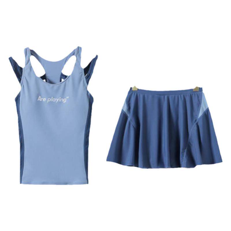 背心短裙泳衣女分体保守平角裤运动风学生大码泡温泉带胸垫送泳帽