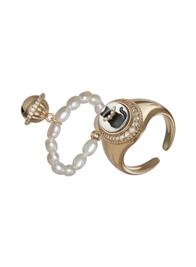 Riotlily艾特里里伊丽喵白戒指珍珠贝壳趣味小猫组合戒女款礼物