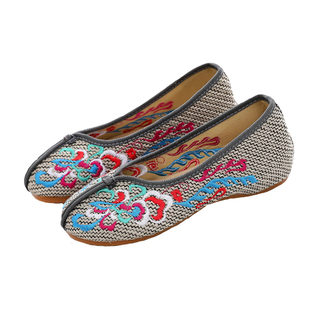 亚麻老北京女布鞋低帮绣花鞋民族风牛筋底浅口圆头单鞋日常散步鞋