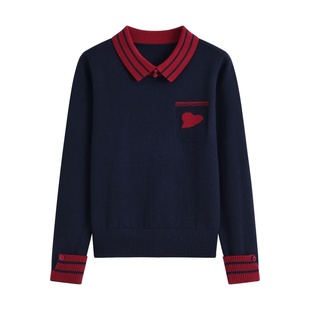 秋冬新款藏青色polo领长袖针织衫女撞色翻领套头洋气减龄显瘦上衣