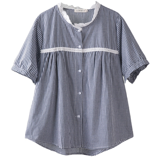 大码短袖衬衫纯棉女宽松日系森系胖mm夏正肩木耳边立领遮肚娃娃衫