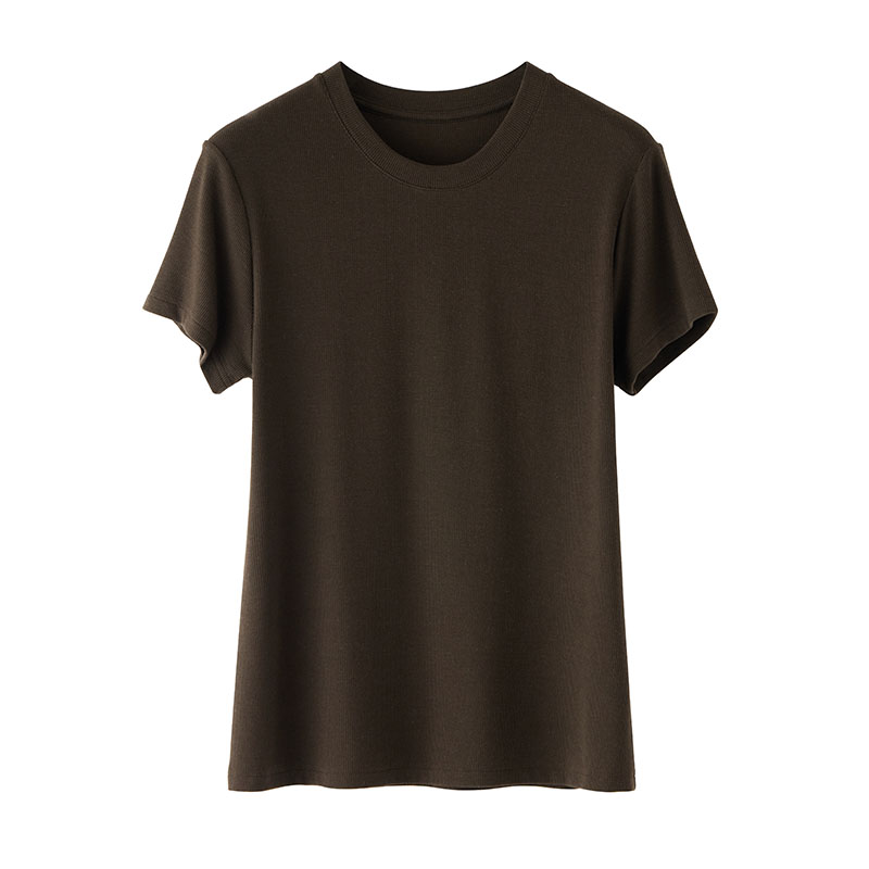 真丝莱赛尔圆领女士T恤 垂坠不起皱螺纹显瘦修身短袖