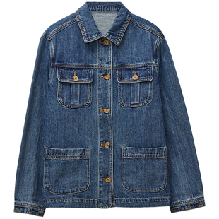 MOORING泊 美式复古多口袋单宁牛仔外套水洗蓝翻领夹克上衣女