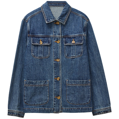 MOORING泊 美式复古多口袋单宁牛仔外套水洗蓝翻领夹克上衣女