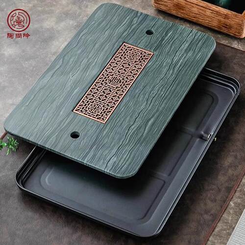 小型木纹石排水式储水茶台长方乌金石茶盘现代简约干泡台茶海托盘