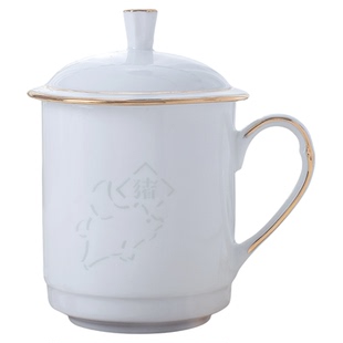 景德镇茶杯陶瓷马克杯家用带盖水杯十二生肖描金玲珑瓷杯子大容量