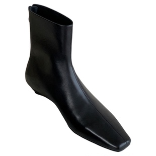 InkingPot彭姐 极简老钱风法式方头短靴真皮踝靴后拉链低跟瘦瘦靴