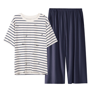 新一步2026夏季新款纯棉睡衣女7A抗菌条纹可外穿家居服妈妈款套装