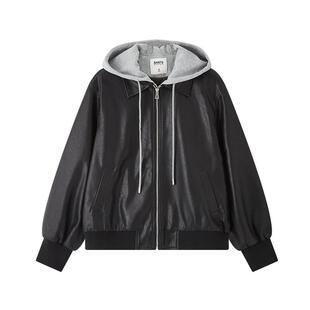 三福厚外套2026新款春季时尚假两件宽松连帽PU皮衣夹克女装515342