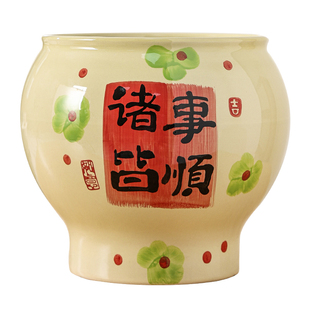 手绘诸事皆顺花盆陶瓷中国风轻奢高级感桌面摆放发财树冬青专用盆