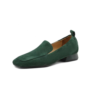 绿色绒面一脚蹬乐福鞋女2025年春秋新款复古方头平底真皮软底单鞋