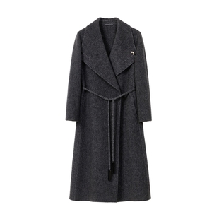 蓝语大码女装骆驼绒翻领长款双面呢大衣冬季高端澳毛宽松系带外套