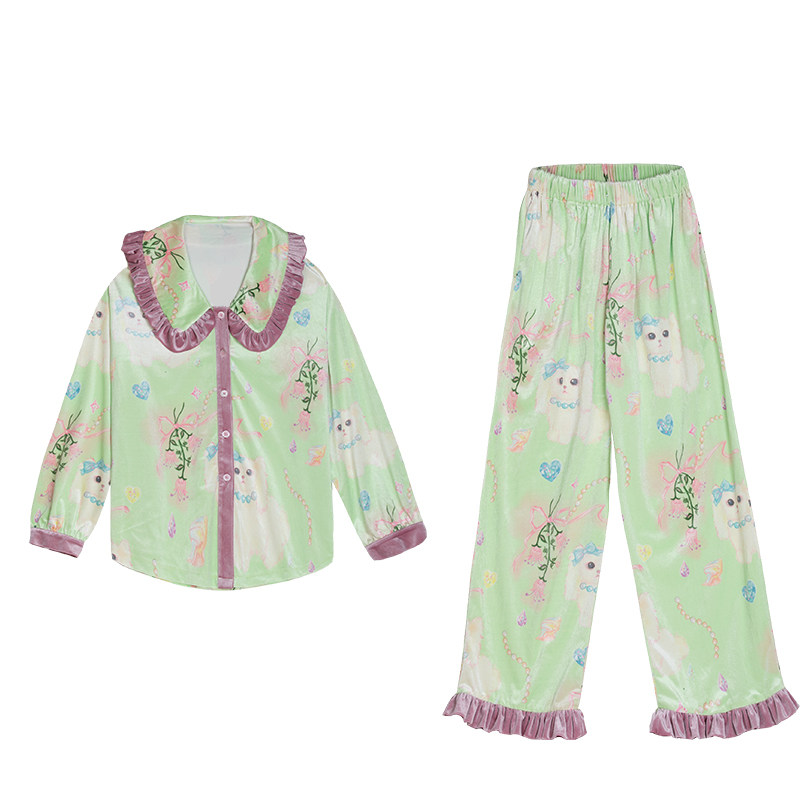 Hsleep 原创法式珍珠小狗丝绒可外穿睡衣春季宽松公主家居服套装