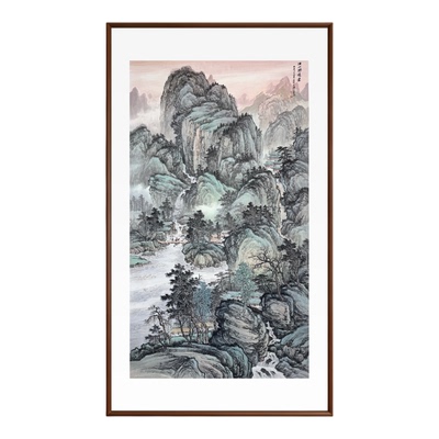 手绘新中式山水玄关客厅挂画