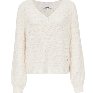 ONLY2025冬季新款软糯羊毛混纺V领复古亮丝网孔镂空毛衣针织衫女