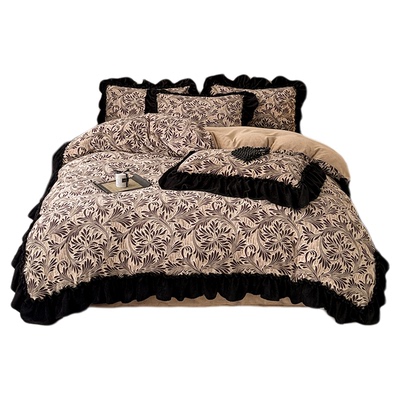 A类母婴牛奶绒花边款高级感黑白色四件套加厚法兰绒冬季保暖床品