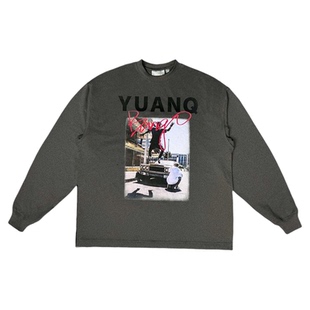 YUANQ立志伟大美式街头复古宽松休闲小领口长袖原创国潮小众T恤