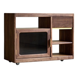 黑胡桃实木沙发边几侧边柜可移动茶水柜小推车岩板茶几储物边柜