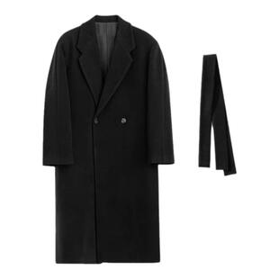 HMN Studio男士毛呢外套冬季风衣韩系流行休闲系带中长款加厚大衣