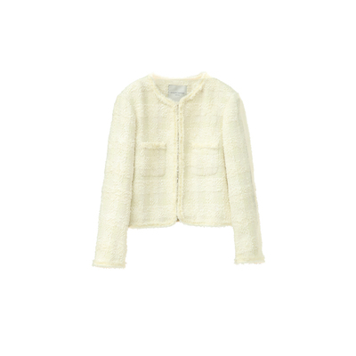 欧可芮奶白色格纹粗花呢外套