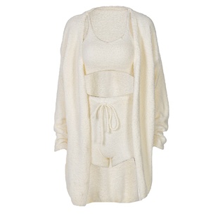 shemoda气质针织马海毛三件套女装 吊带小背心+高腰短裤+开衫外套