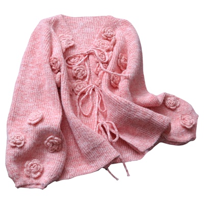 松弛感V领系带长袖针织减龄毛衣